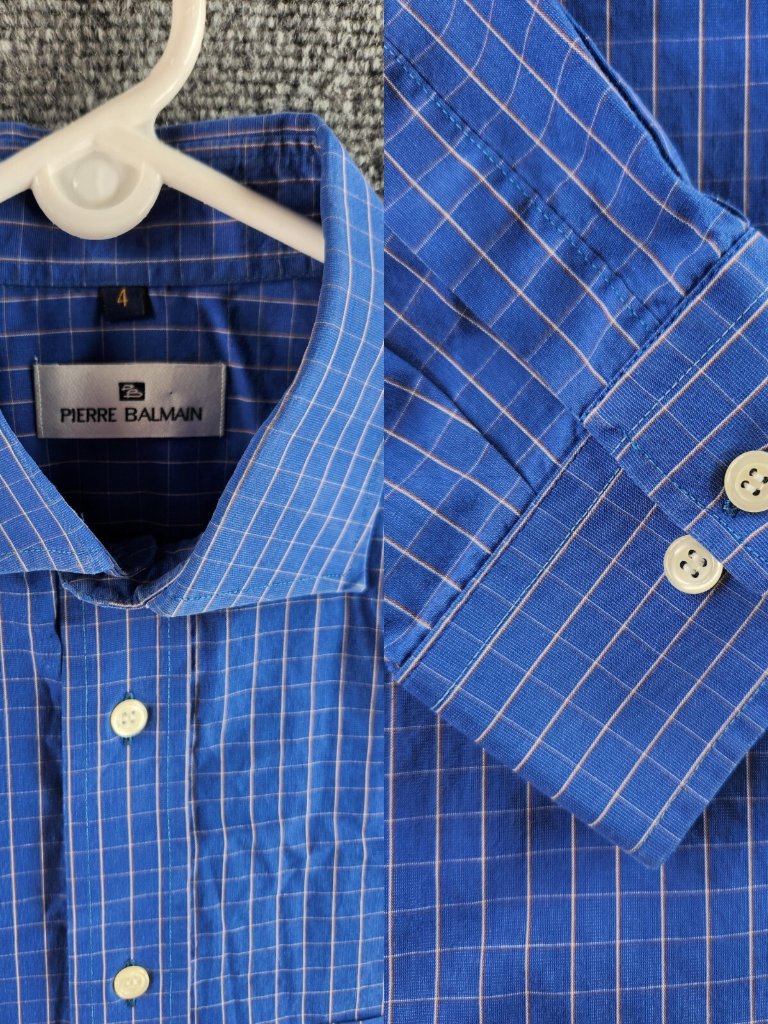 Pierre Balmain Blue Check Long Sleeve Button Up Shirt Designer Size 4 Tailored